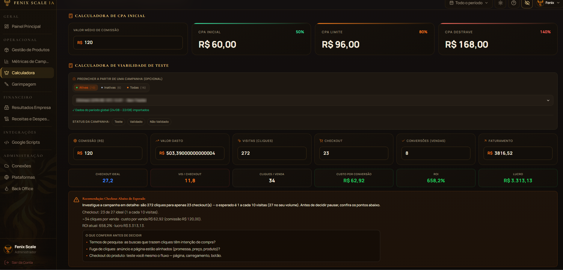 Calculadora de viabilidade com CPA inicial, CPA limite, CPA de destrave e conclusão do teste